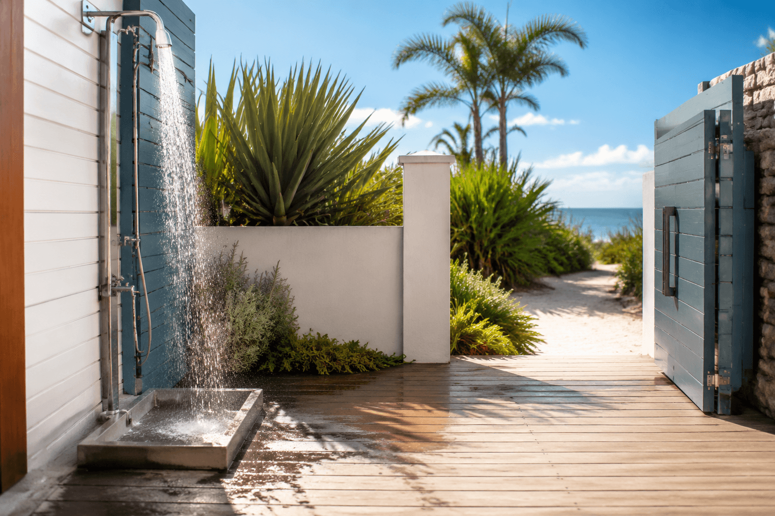 Tidy backyard entrance with an outdoor rinse station