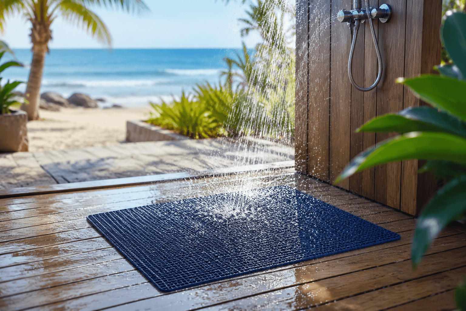 Anti-slip mat under an outdoor shower on a deck