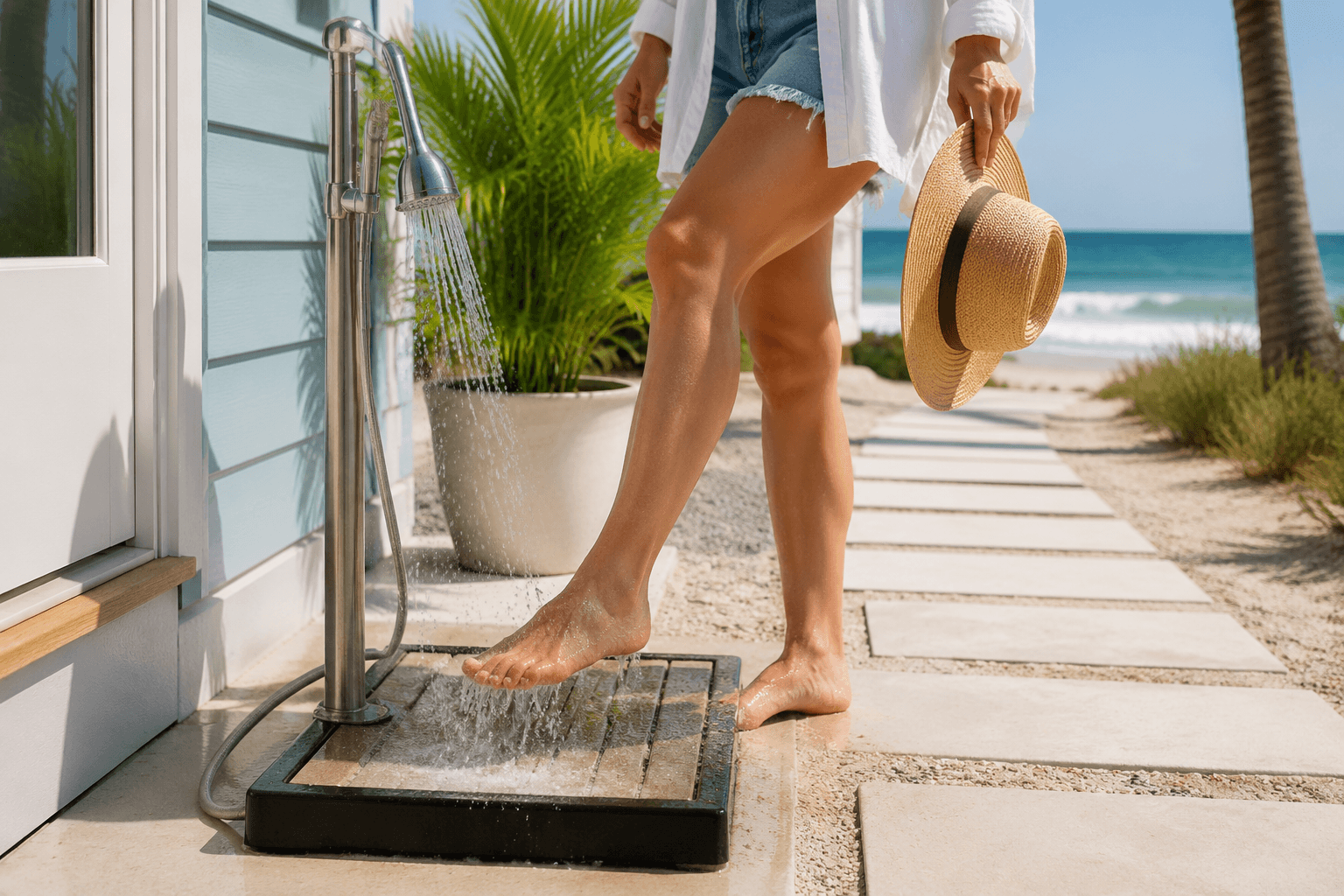 Foot rinse station beside a beach house back door