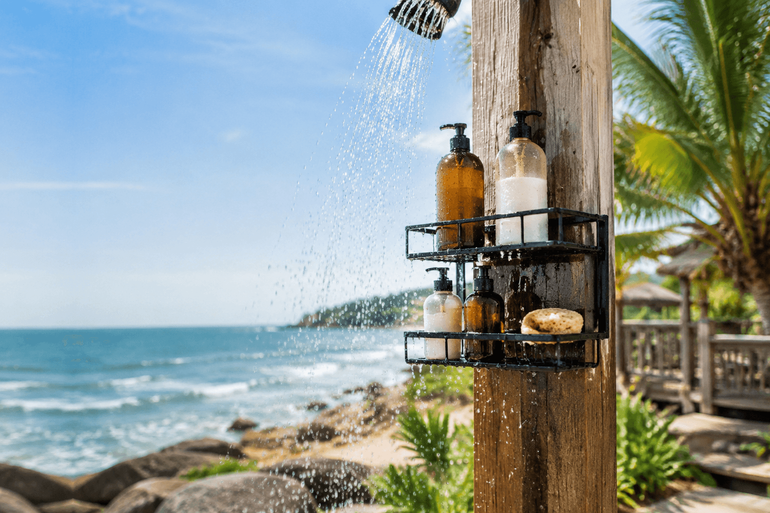 Outdoor shower caddy mounted on a wooden post by the beach