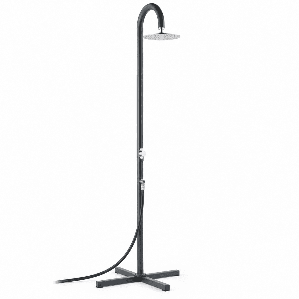 Hose-fed freestanding outdoor shower kit on a white background