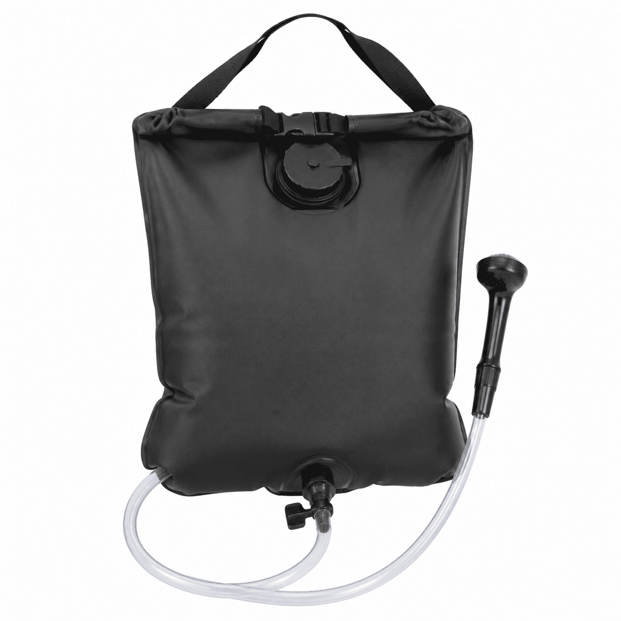 Portable 5 gallon gravity camp shower bag on a white background