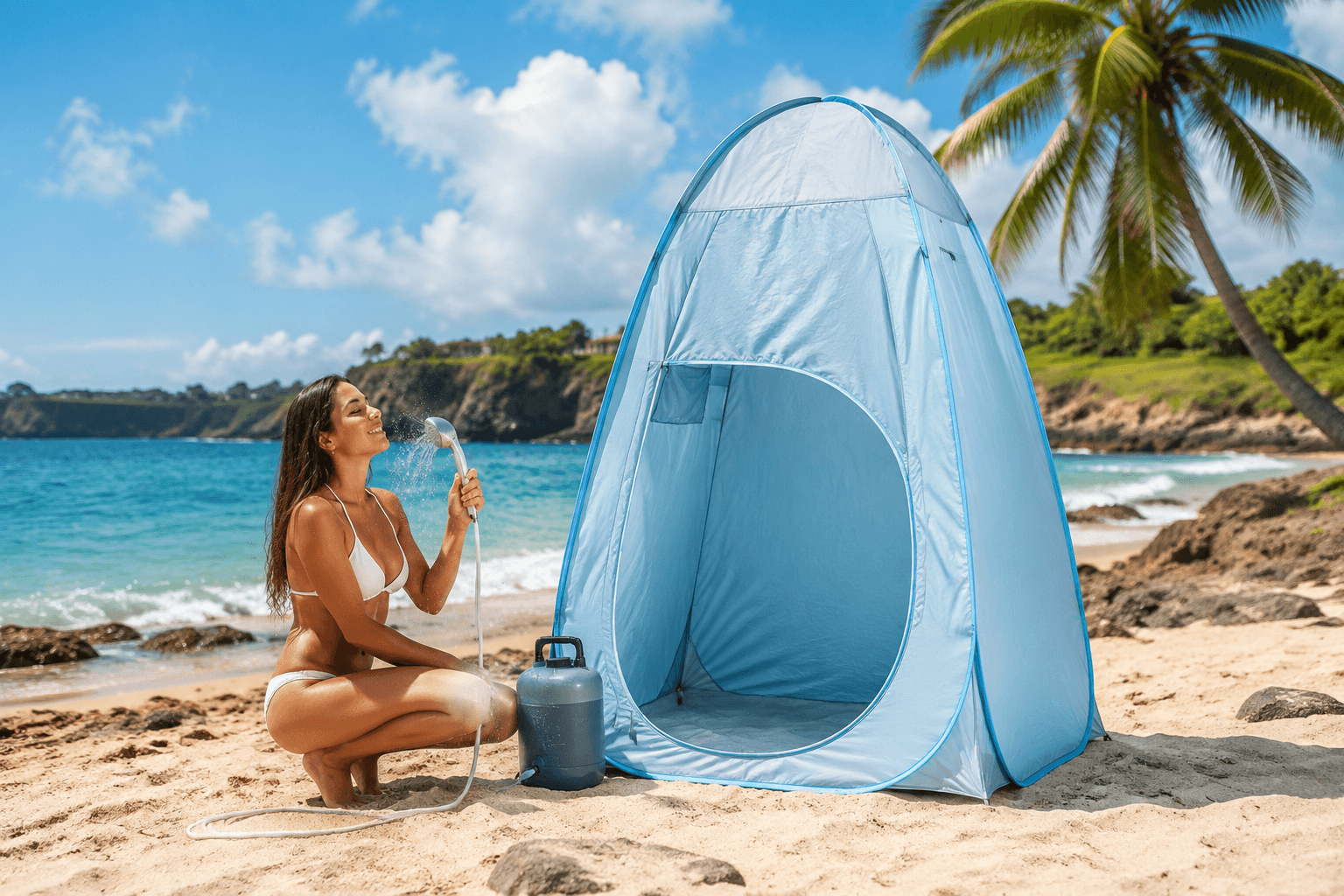 Pop-up changing tent set up on a sunny beach
