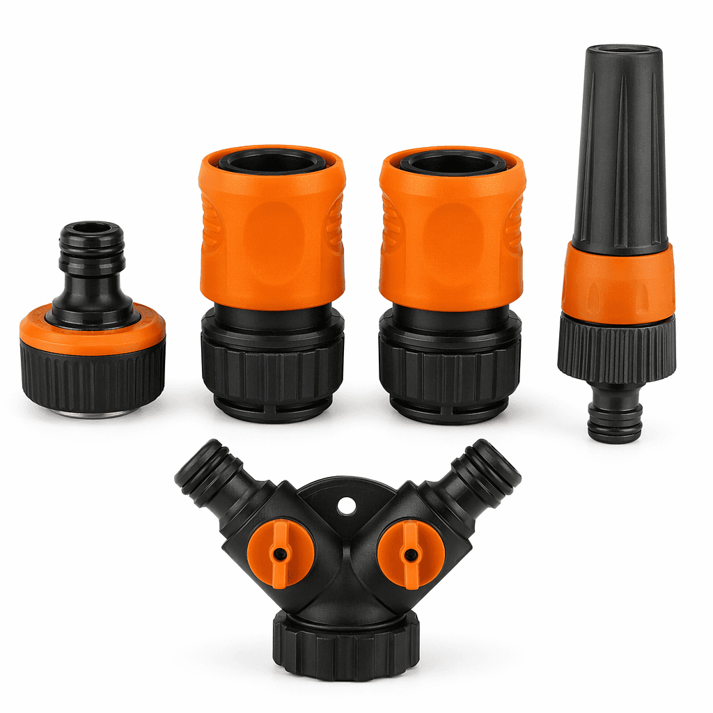 Quick-connect garden hose fitting set on a white background
