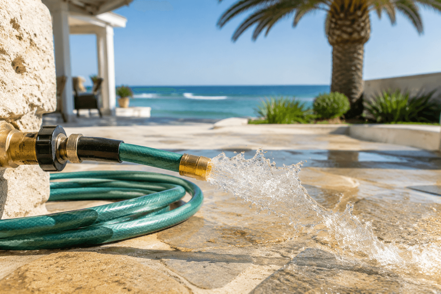 Quick-connect hose fittings attached to a garden hose outdoors