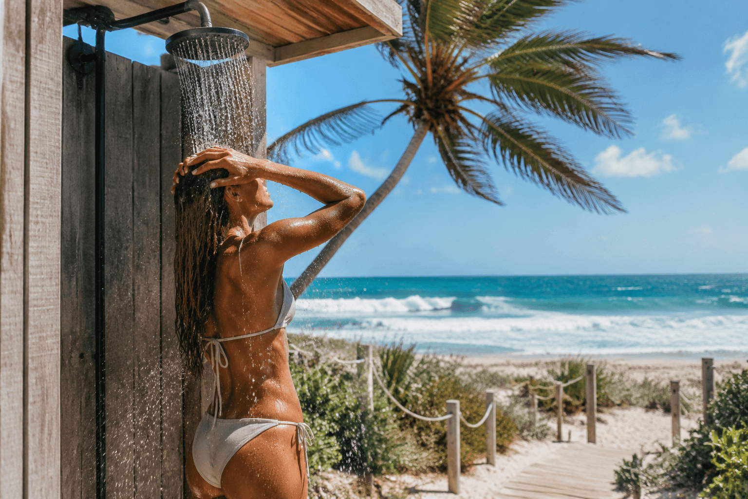 Sunny beachside outdoor shower rinsing off sand and salt
